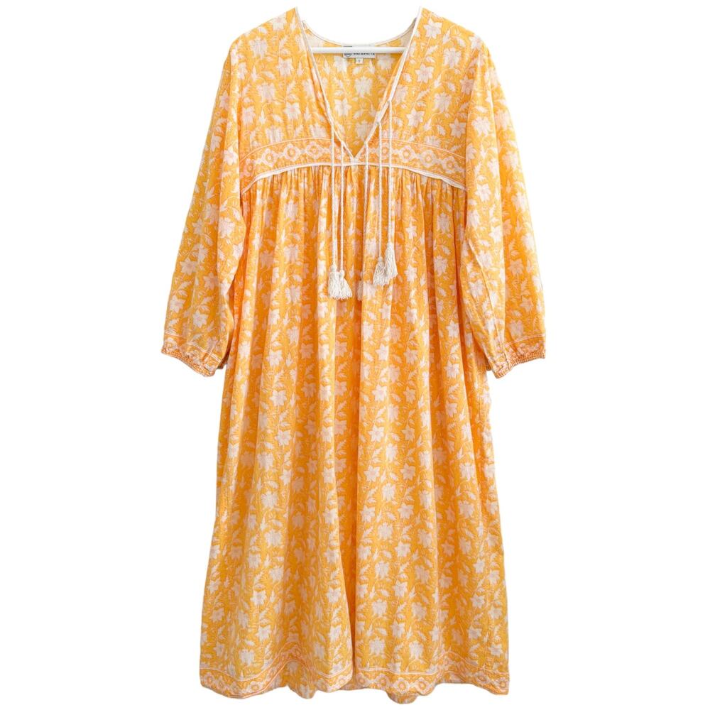 Karni Yellow Floral Print Maxi Dress Indian Block Print Tassel Tie Boho Small
